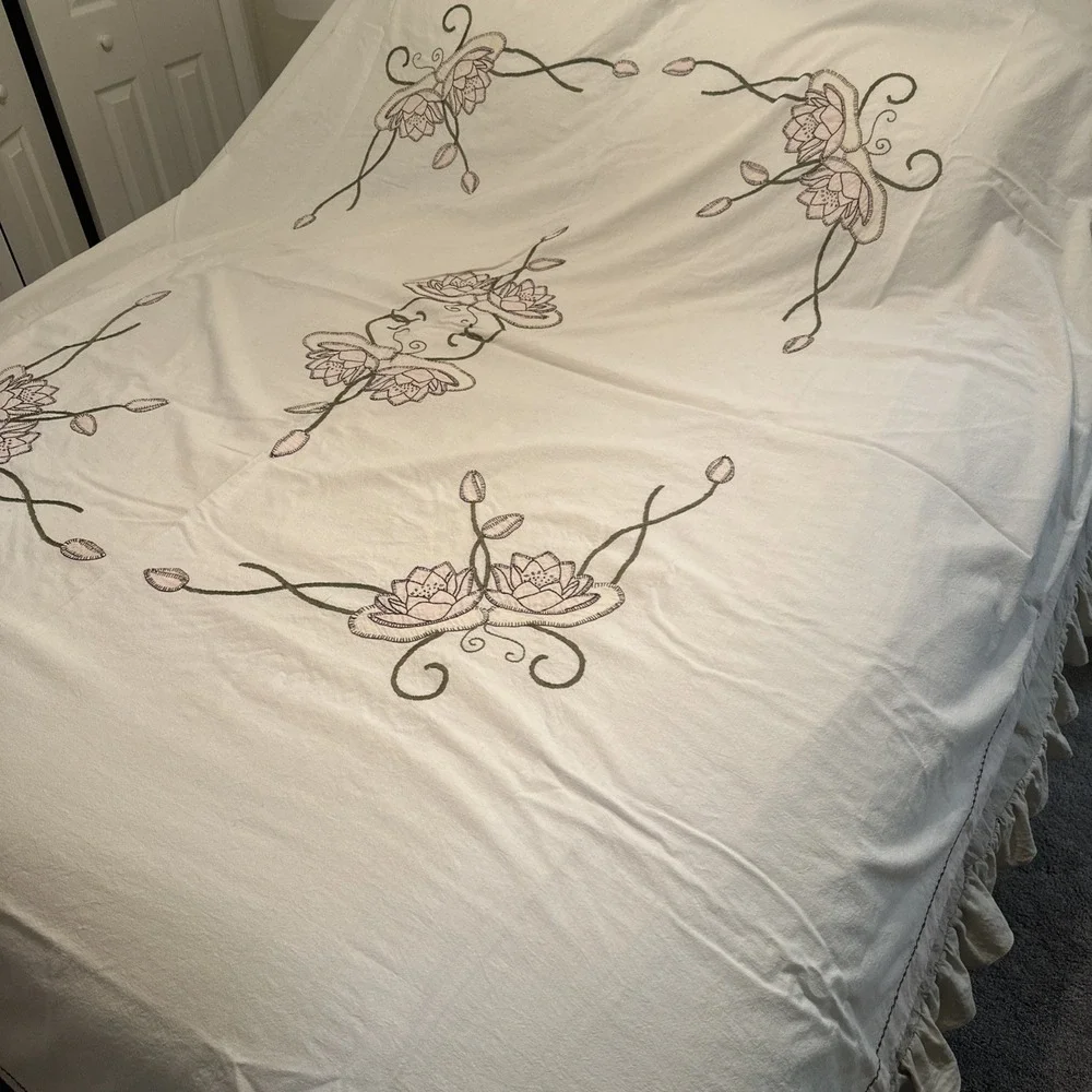 Vtg Hand Embroidered Floral Cottagecream 88